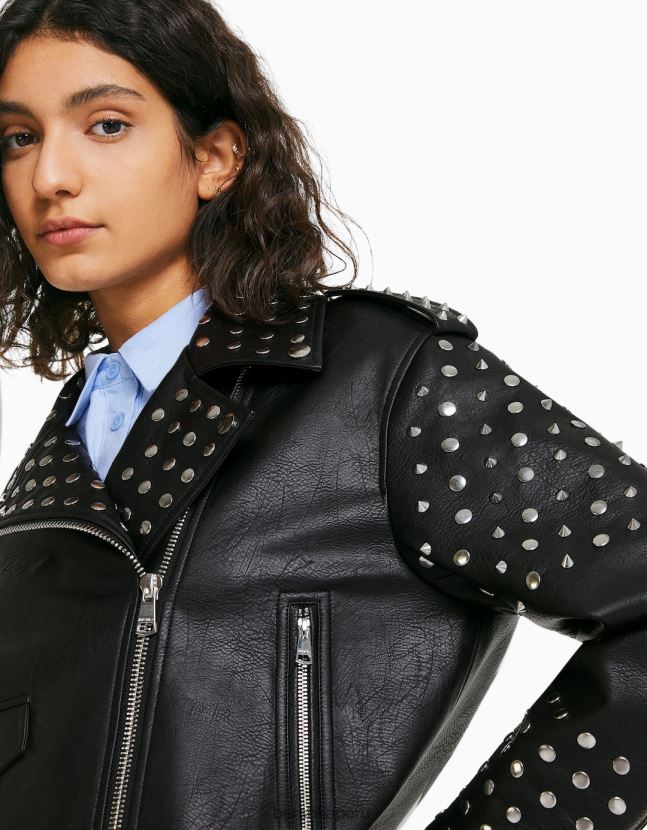 negro Bershka mujer chamarra biker oversize con tachuelas 806J6B1136