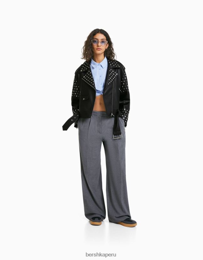 negro Bershka mujer chamarra biker oversize con tachuelas 806J6B1136