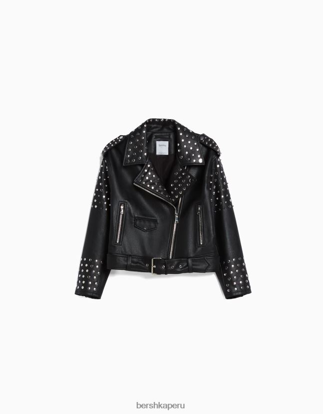 negro Bershka mujer chamarra biker oversize con tachuelas 806J6B1136