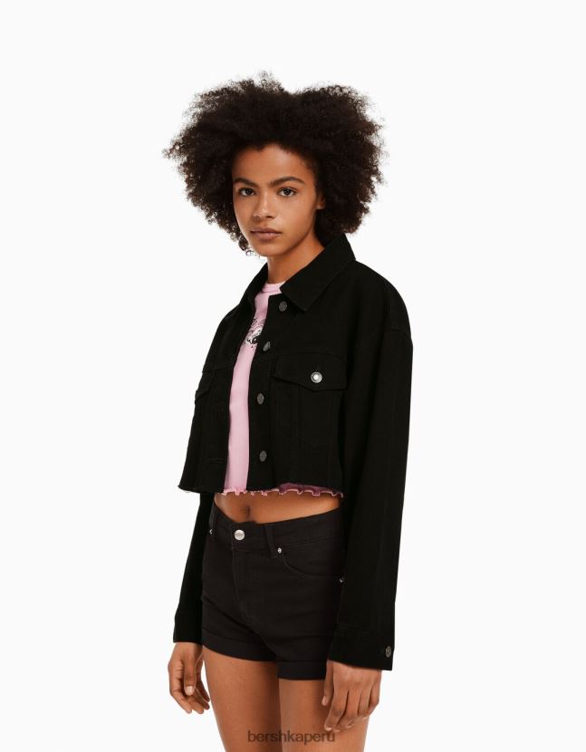 negro Bershka mujer chamarra de mezclilla corta 806J6B1104