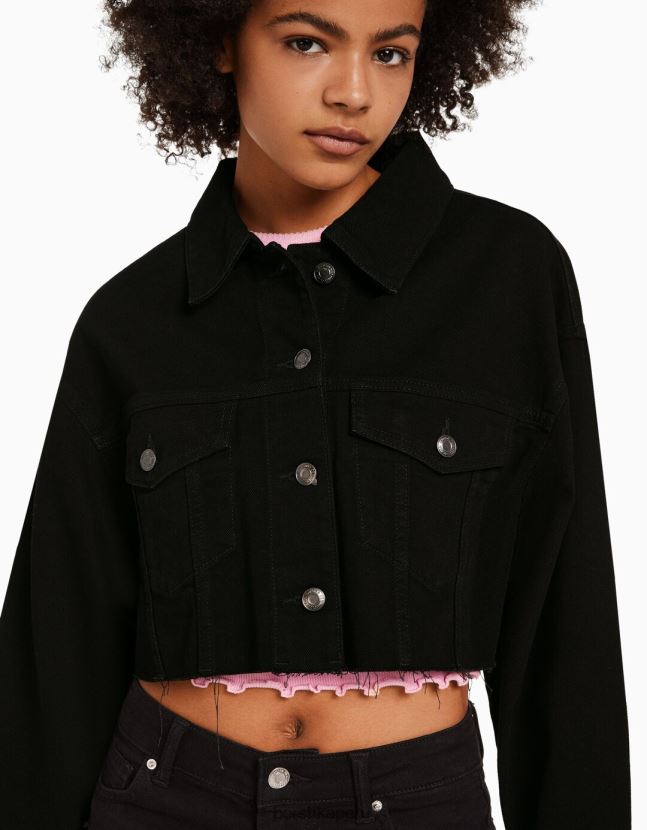 negro Bershka mujer chamarra de mezclilla corta 806J6B1104