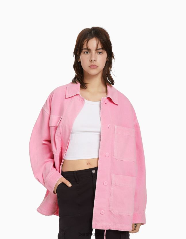 rosa Bershka mujer chaqueta de algodón bordada con bolsillos 806J6B1159