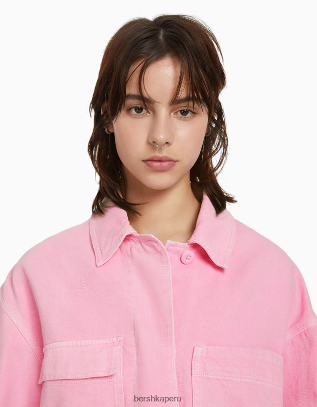 rosa Bershka mujer chaqueta de algodón bordada con bolsillos 806J6B1159