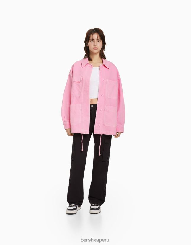 rosa Bershka mujer chaqueta de algodón bordada con bolsillos 806J6B1159