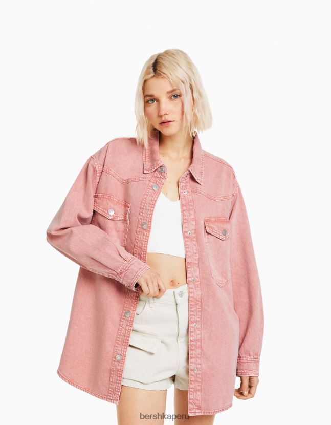 rosa Bershka mujer sobrecamisa de manga larga de algodón con bolsillos 806J6B1124