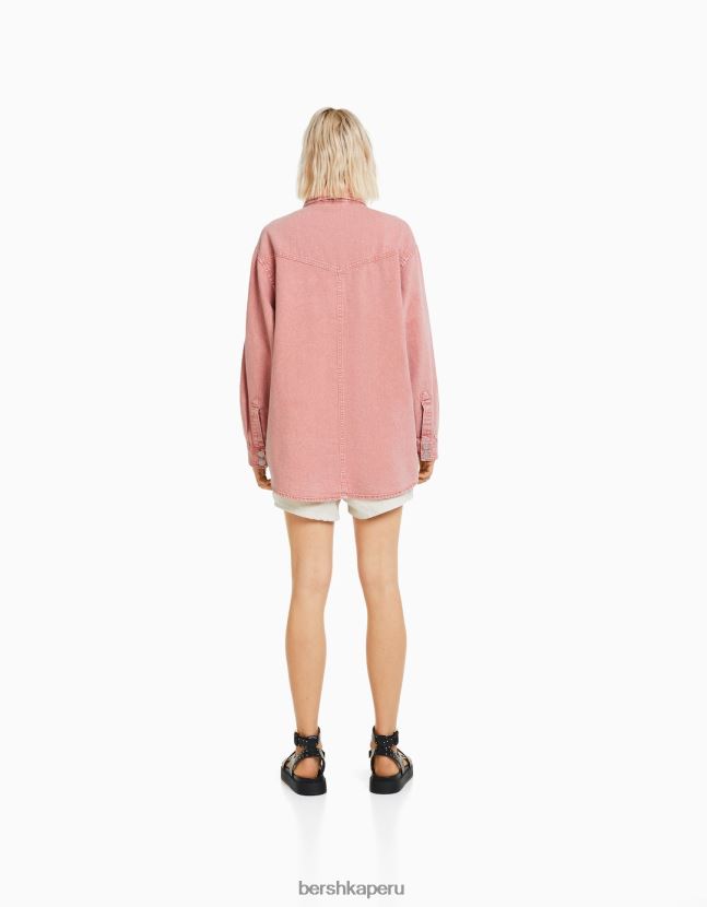 rosa Bershka mujer sobrecamisa de manga larga de algodón con bolsillos 806J6B1124