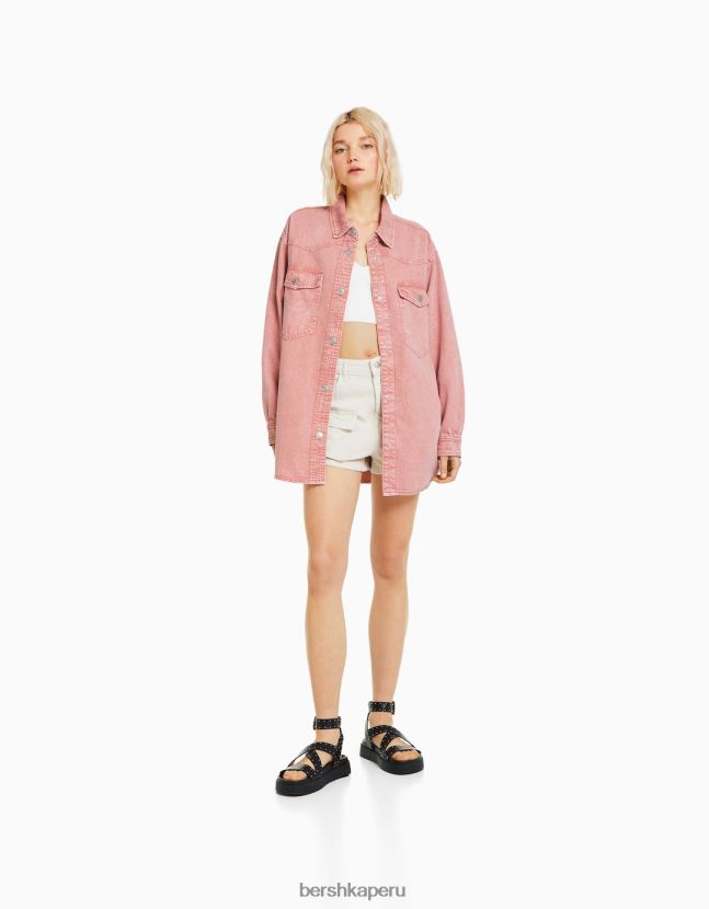 rosa Bershka mujer sobrecamisa de manga larga de algodón con bolsillos 806J6B1124