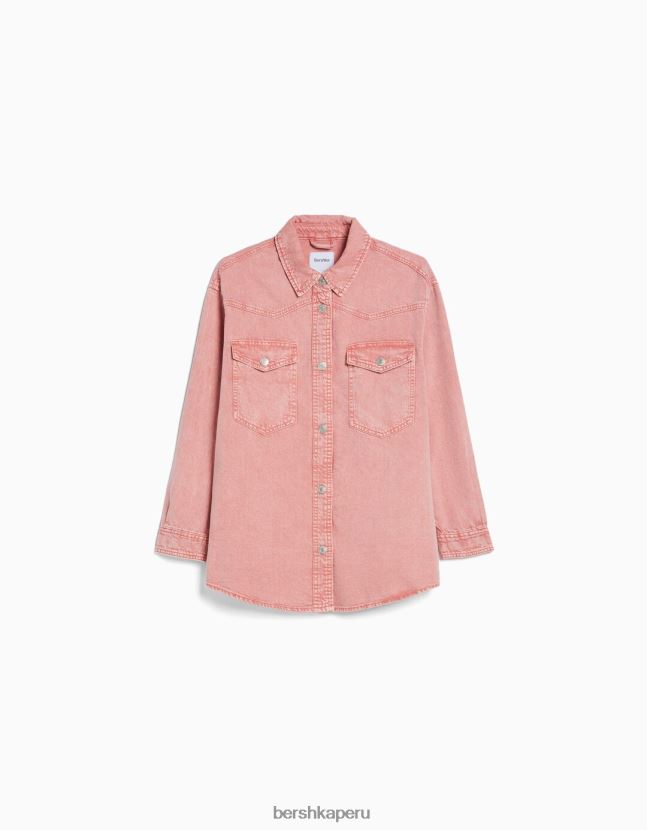 rosa Bershka mujer sobrecamisa de manga larga de algodón con bolsillos 806J6B1124