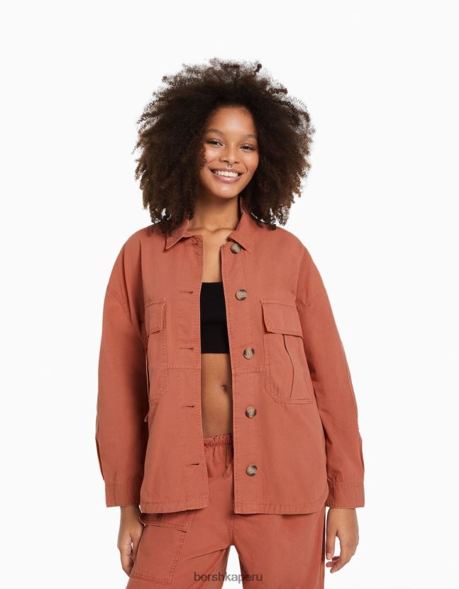 rosa Bershka mujer sobrecamisa de manga larga de algodón con bolsillos 806J6B1126