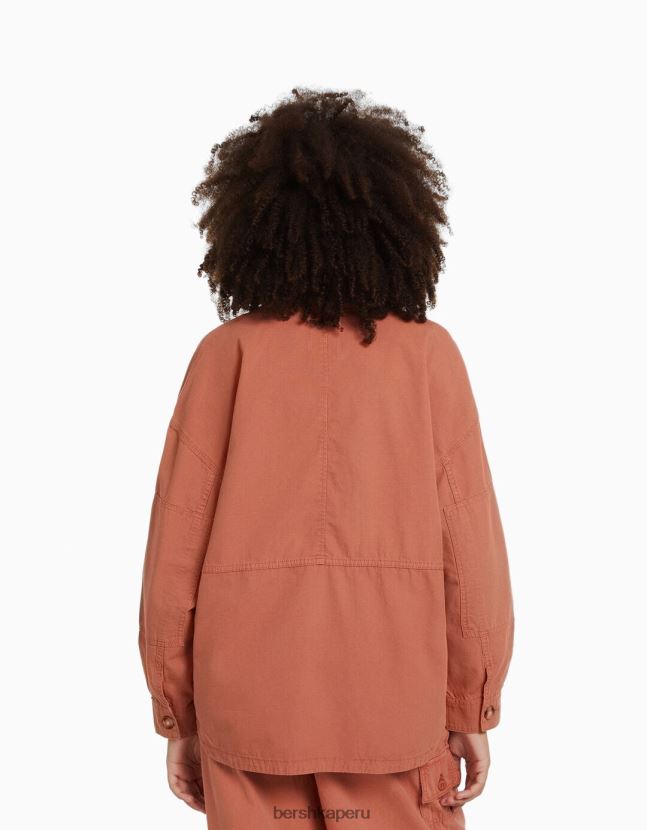 rosa Bershka mujer sobrecamisa de manga larga de algodón con bolsillos 806J6B1126
