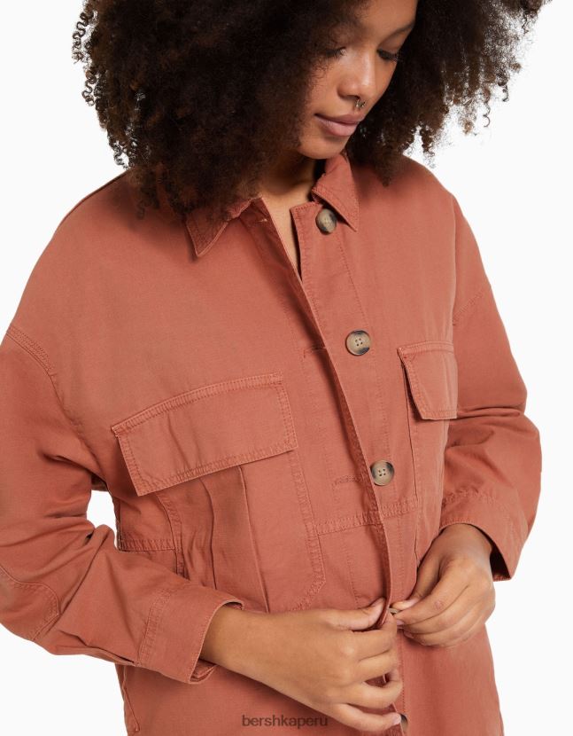 rosa Bershka mujer sobrecamisa de manga larga de algodón con bolsillos 806J6B1126