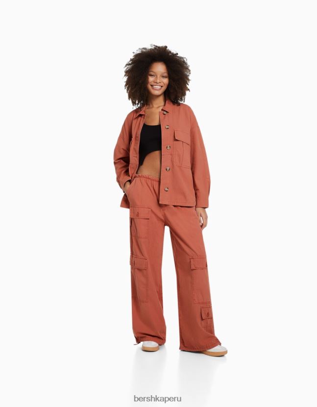 rosa Bershka mujer sobrecamisa de manga larga de algodón con bolsillos 806J6B1126