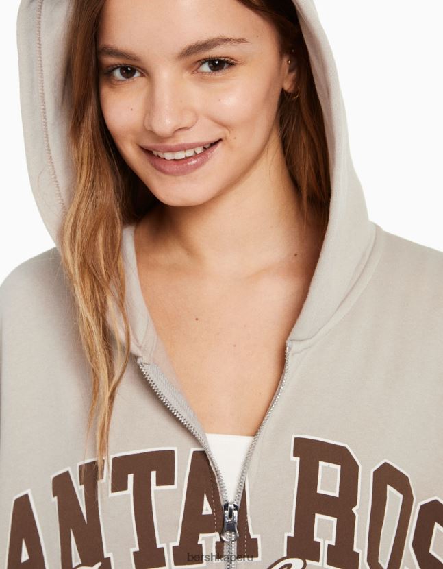 camello Bershka mujer sudadera con capucha y cremallera con estampado universitario 806J6B1272