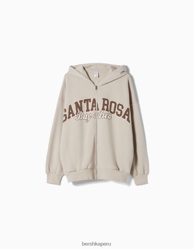camello Bershka mujer sudadera con capucha y cremallera con estampado universitario 806J6B1272