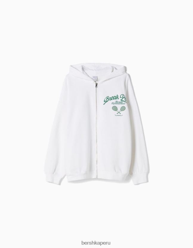 crema Bershka mujer sudadera con capucha y cremallera con estampado universitario 806J6B1271
