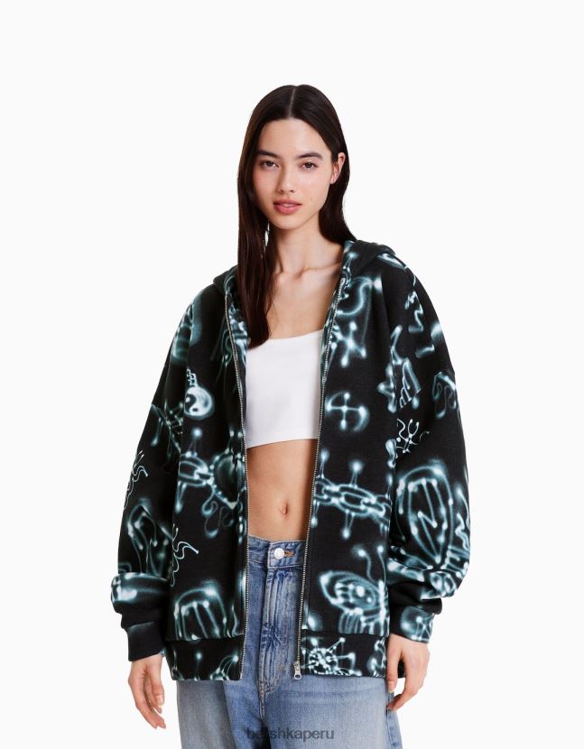 negro Alehsy x Bershka mujer sudadera con cremallera y estampado 806J6B1214