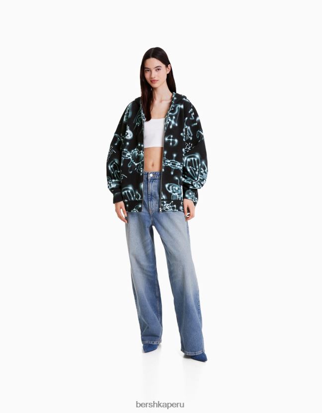 negro Alehsy x Bershka mujer sudadera con cremallera y estampado 806J6B1214