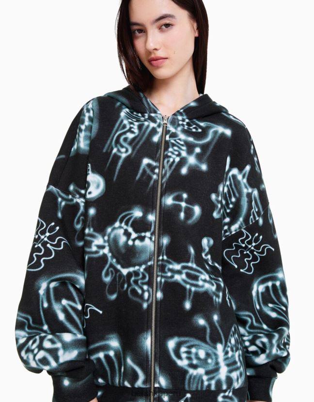 negro Alehsy x Bershka mujer sudadera con cremallera y estampado 806J6B2069