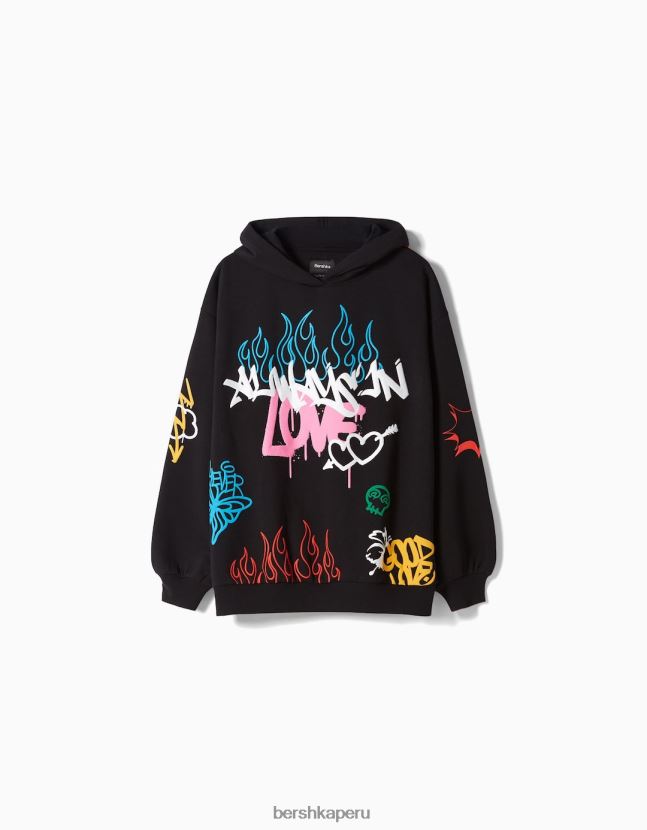 negro Bershka mujer sudadera con capucha y estampado de graffiti 806J6B1281