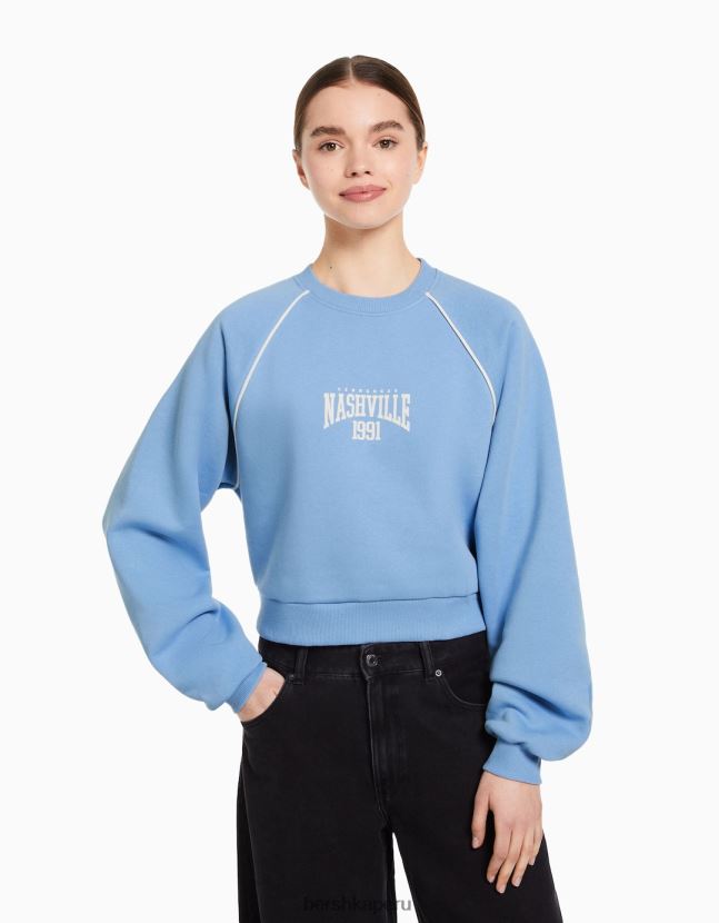 azul Bershka mujer sudadera con cuello redondo y estampado en contraste 806J6B1264