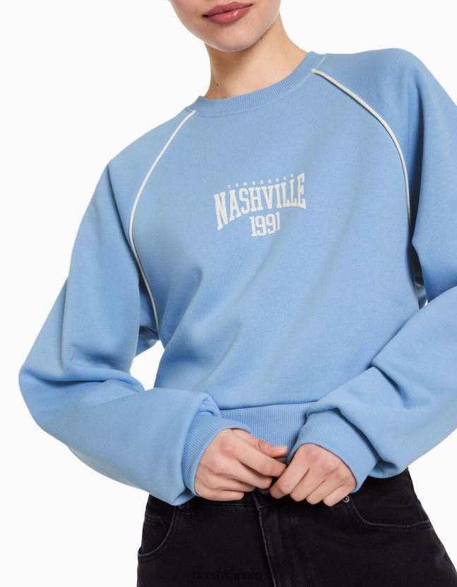 azul Bershka mujer sudadera con cuello redondo y estampado en contraste 806J6B1264
