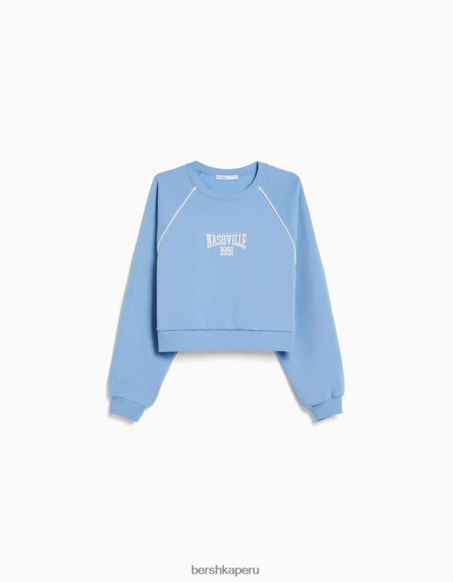 azul Bershka mujer sudadera con cuello redondo y estampado en contraste 806J6B1264