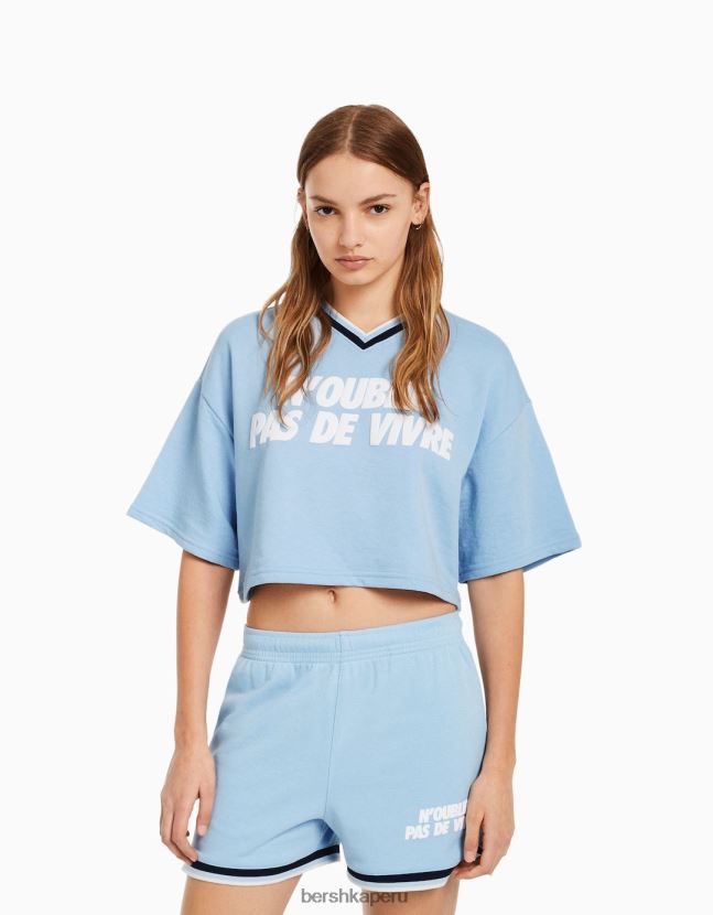 azul claro Bershka mujer sudadera de manga corta con cuello de pico y estampado 806J6B585