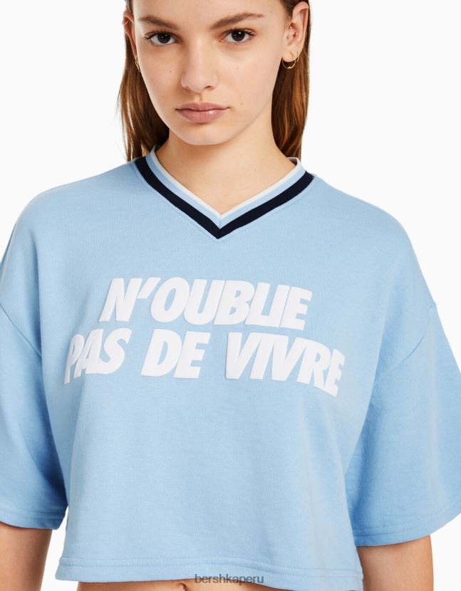 azul claro Bershka mujer sudadera de manga corta con cuello de pico y estampado 806J6B585