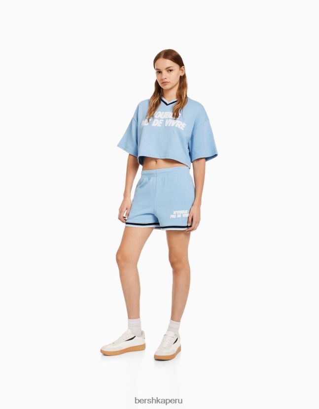 azul claro Bershka mujer sudadera de manga corta con cuello de pico y estampado 806J6B585