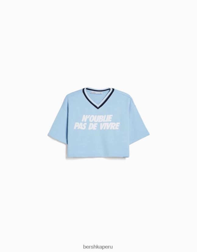 azul claro Bershka mujer sudadera de manga corta con cuello de pico y estampado 806J6B585