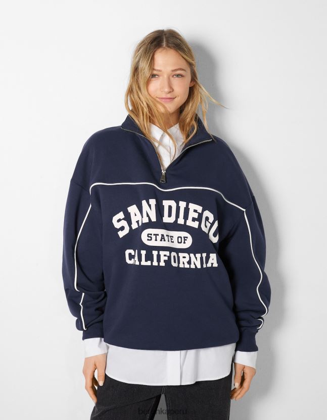 azul oscuro Bershka mujer sudadera de cuello subido con cremallera y estampado de san diego 806J6B1231