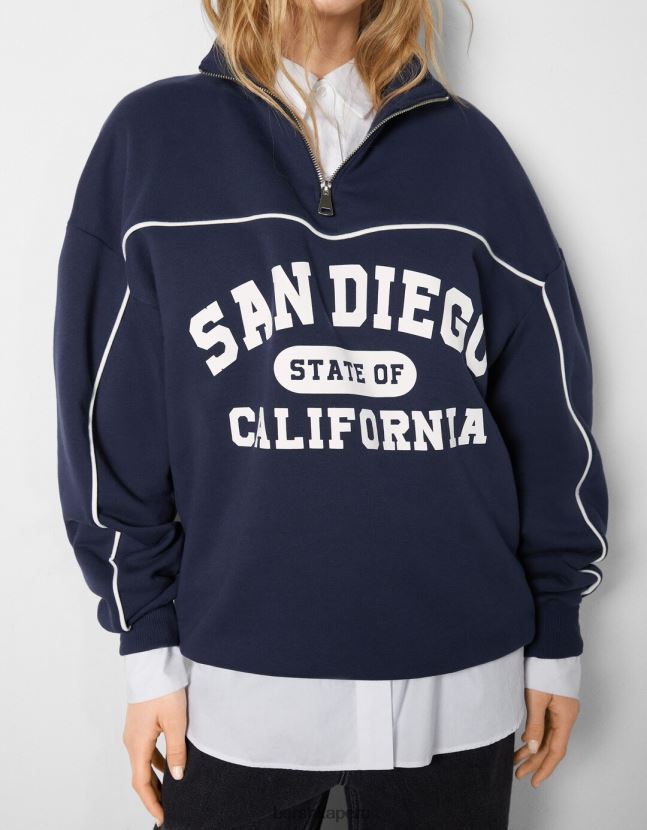 azul oscuro Bershka mujer sudadera de cuello subido con cremallera y estampado de san diego 806J6B1231