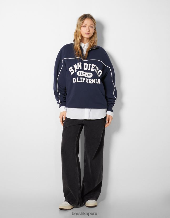 azul oscuro Bershka mujer sudadera de cuello subido con cremallera y estampado de san diego 806J6B1231