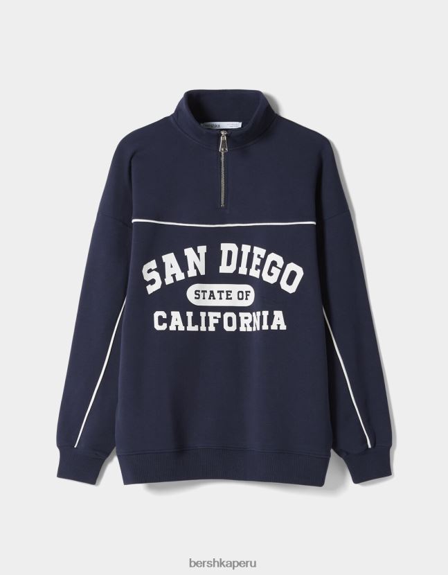 azul oscuro Bershka mujer sudadera de cuello subido con cremallera y estampado de san diego 806J6B1231