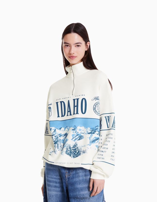 blanquecino Bershka mujer sudadera de cuello alto con cremallera y estampado 806J6B1219