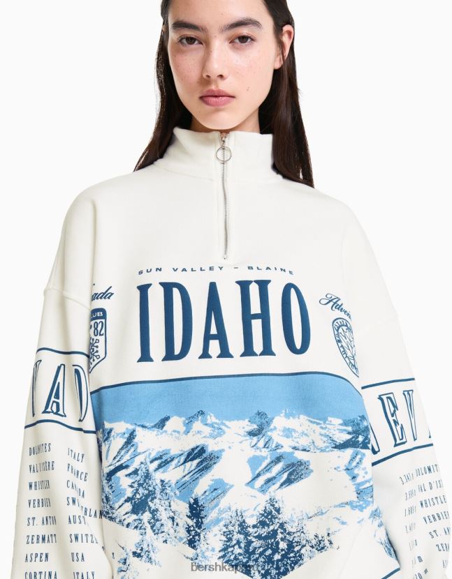 blanquecino Bershka mujer sudadera de cuello alto con cremallera y estampado 806J6B1219