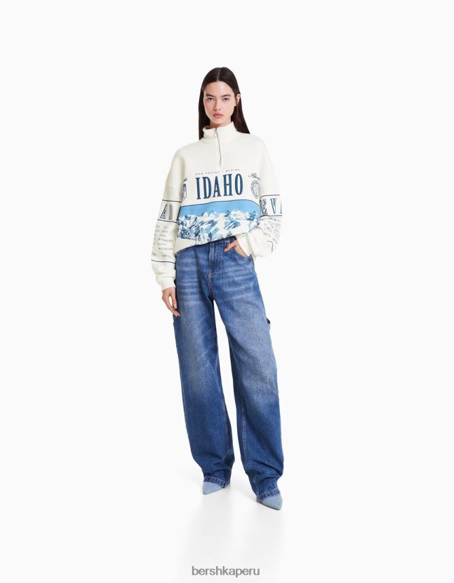 blanquecino Bershka mujer sudadera de cuello alto con cremallera y estampado 806J6B1219