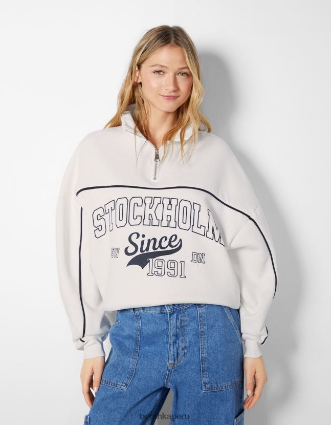 blanquecino Bershka mujer sudadera de cuello alto con cremallera y estampado 806J6B1230