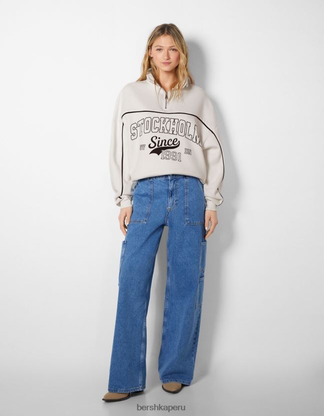 blanquecino Bershka mujer sudadera de cuello alto con cremallera y estampado 806J6B1230