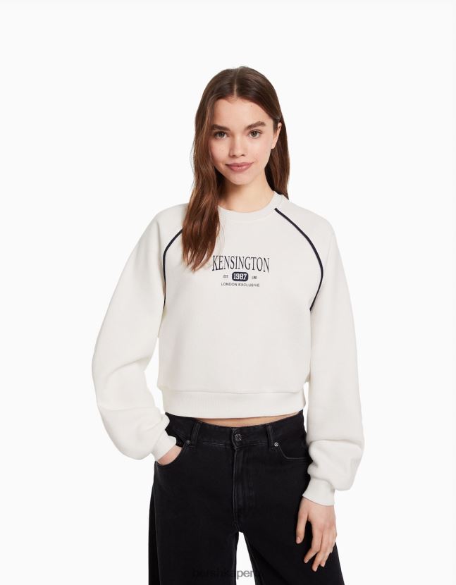 crema Bershka mujer sudadera con cuello redondo y estampado en contraste 806J6B1263