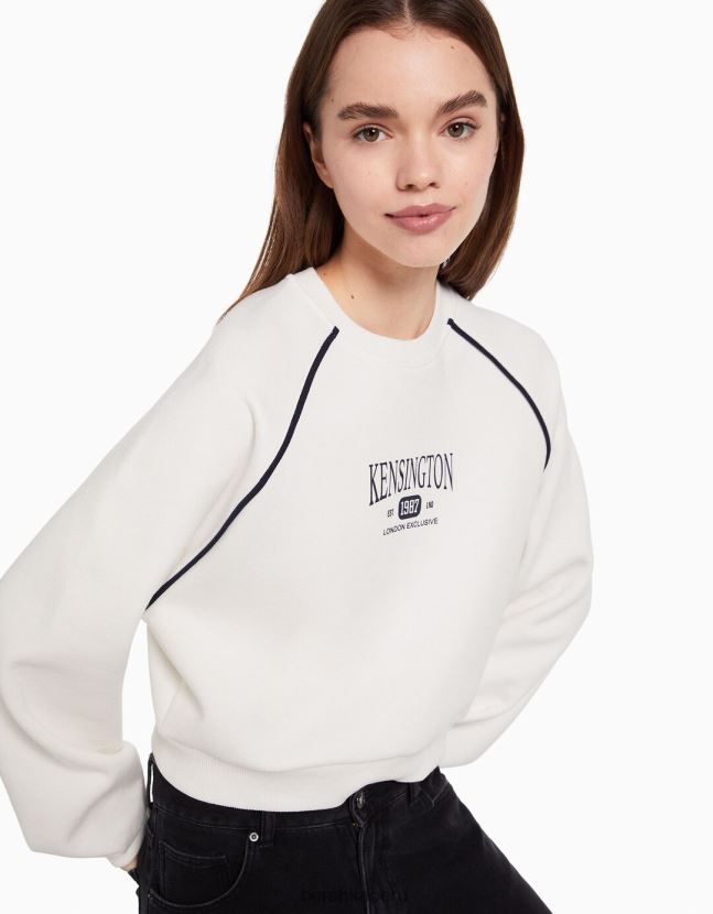 crema Bershka mujer sudadera con cuello redondo y estampado en contraste 806J6B1263