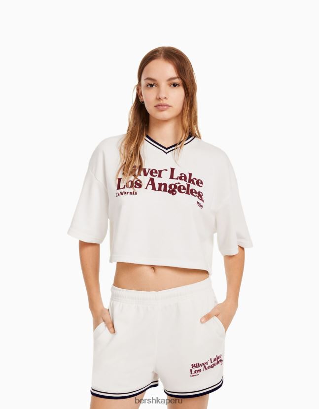 crema Bershka mujer sudadera de manga corta con cuello de pico y estampado 806J6B587