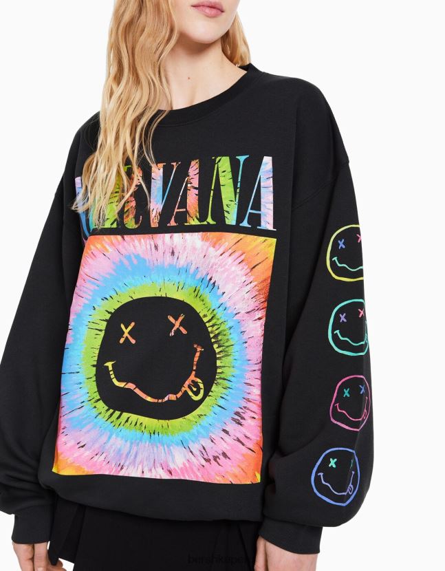 gris oscuro Bershka mujer sudadera con estampado de nirvana 806J6B1250