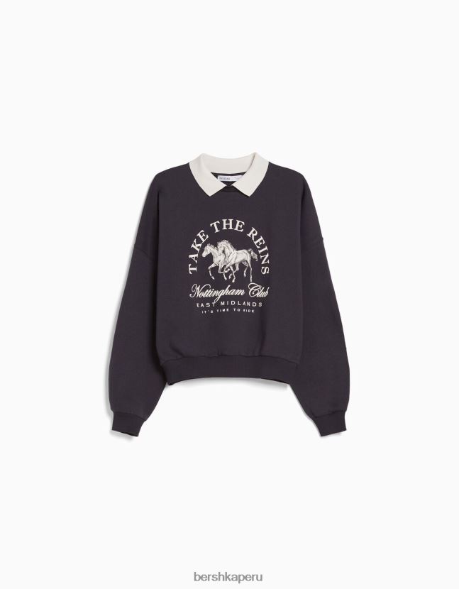 gris oscuro Bershka mujer sudadera estampada con cuello de polo 806J6B1277