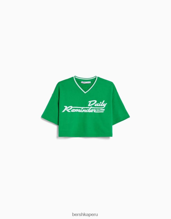 verde Bershka mujer sudadera de manga corta con cuello de pico y estampado 806J6B586