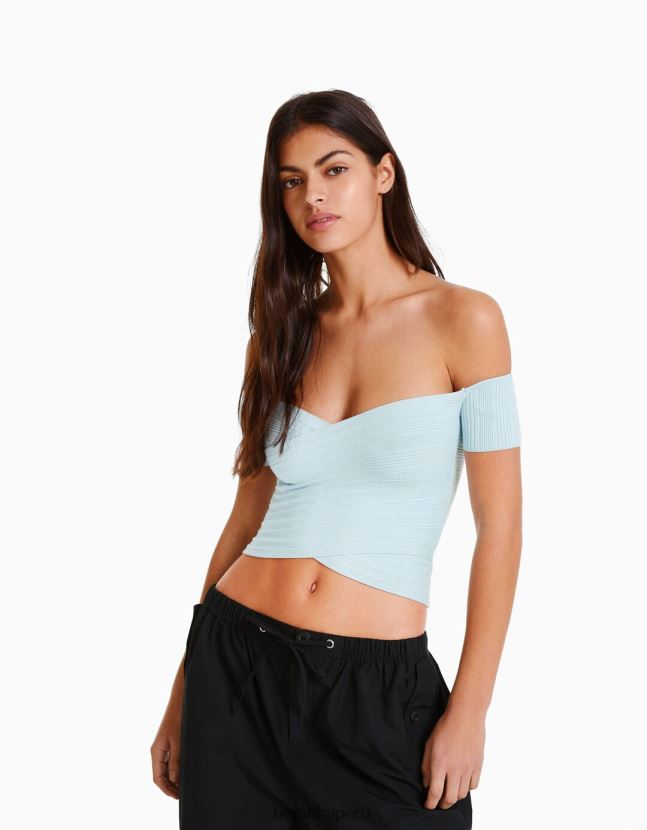 azul claro Bershka mujer jersey de manga corta con detalle cruzado 806J6B414