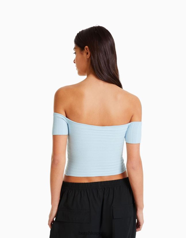 azul claro Bershka mujer jersey de manga corta con detalle cruzado 806J6B414