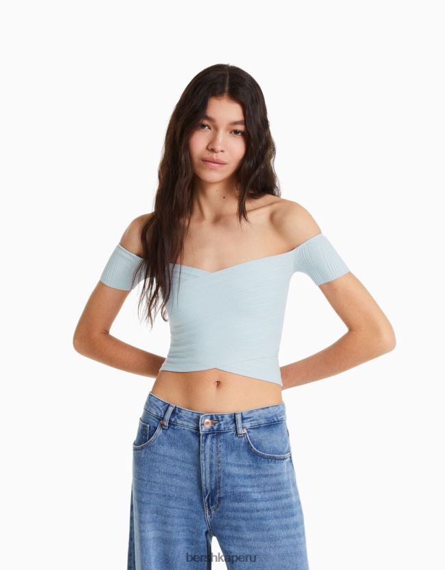 azul claro Bershka mujer jersey de manga corta con detalle cruzado 806J6B867