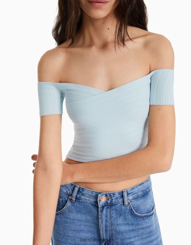 azul claro Bershka mujer jersey de manga corta con detalle cruzado 806J6B867