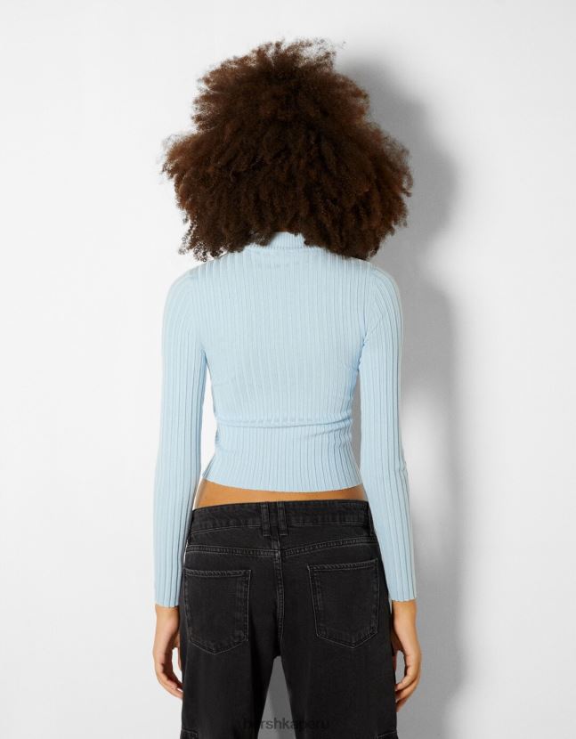 azul claro Bershka mujer suéter de canalé con cuello alto 806J6B1024